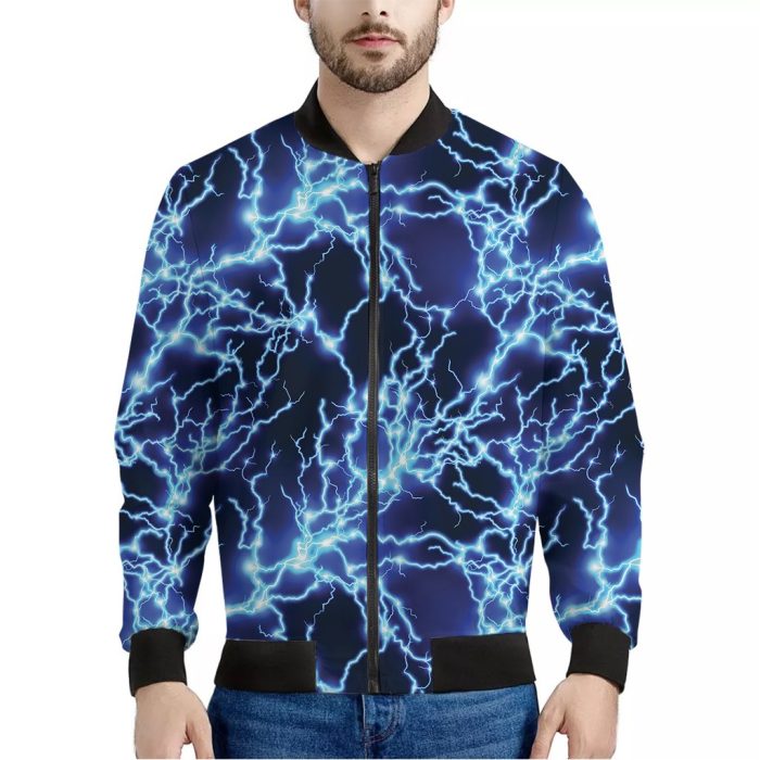 Blue Electric Lightning Print Bomber Jacket