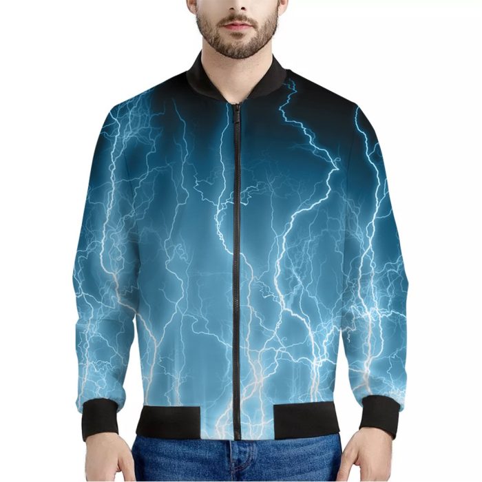 Blue Lightning Print Bomber Jacket