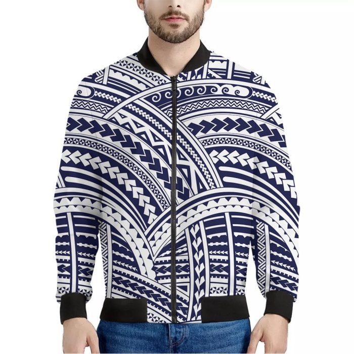 Blue Maori Polynesian Tattoo Print Bomber Jacket