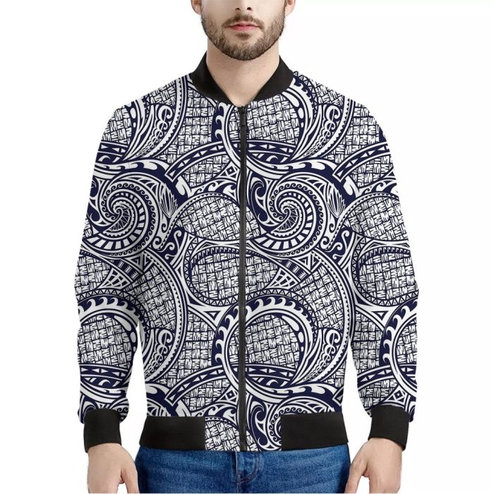 Blue Maori Polynesian Tribal Print Bomber Jacket