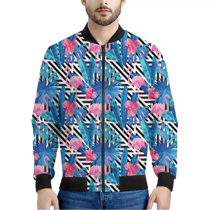 Blue Tropical And Pink Flamingo Print Bomber Jacket