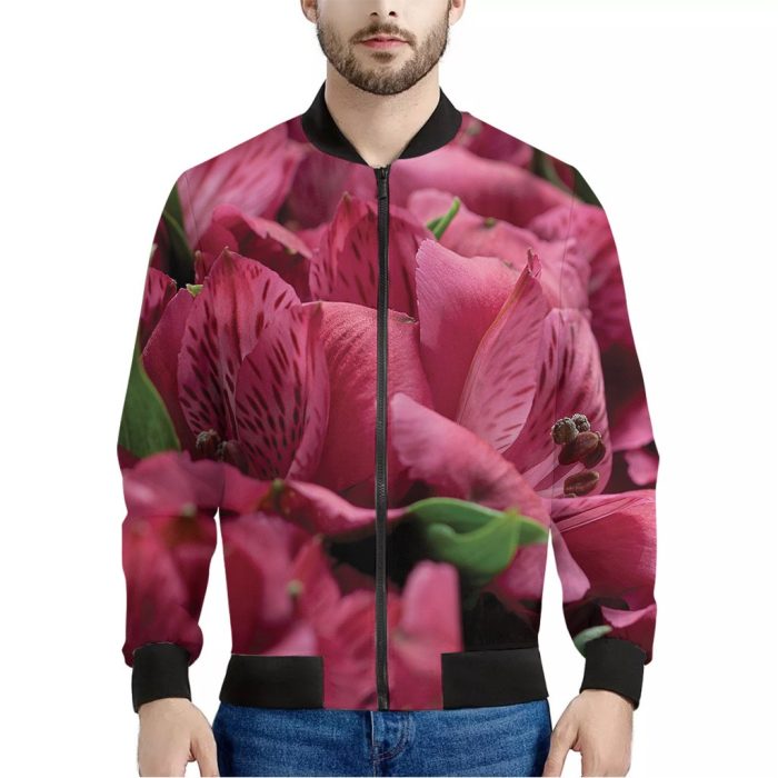 Burgundy Alstroemeria Print Bomber Jacket