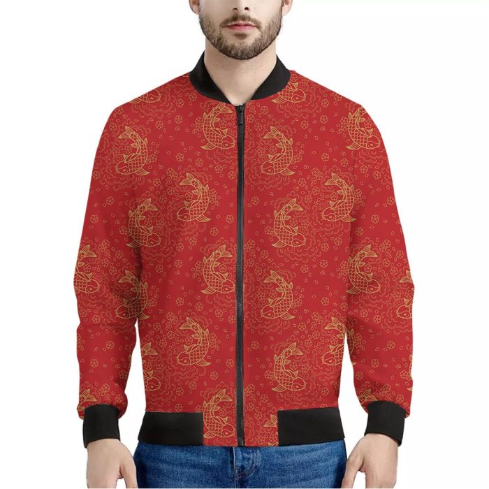 Chinese Koi Fish Pattern Print Bomber Jacket