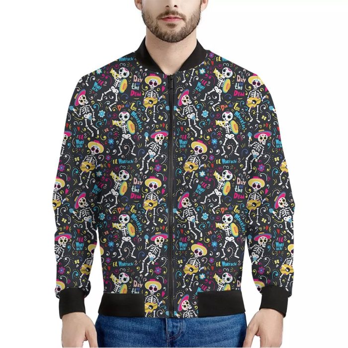 Day Of The Dead Mariachi Skeletons Print Bomber Jacket