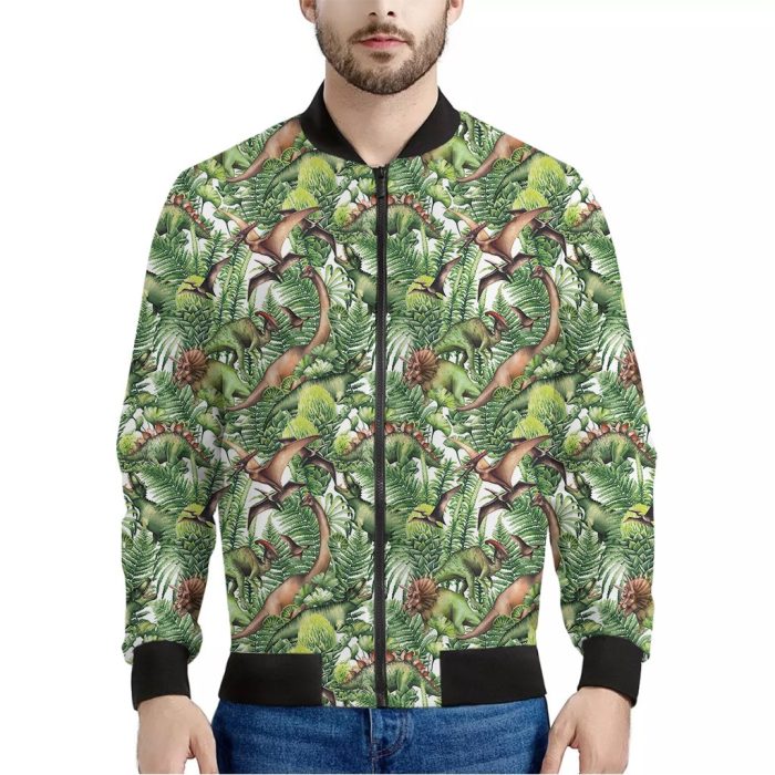 Dinosaur And Prehistoric Plants Print Bomber Jacket