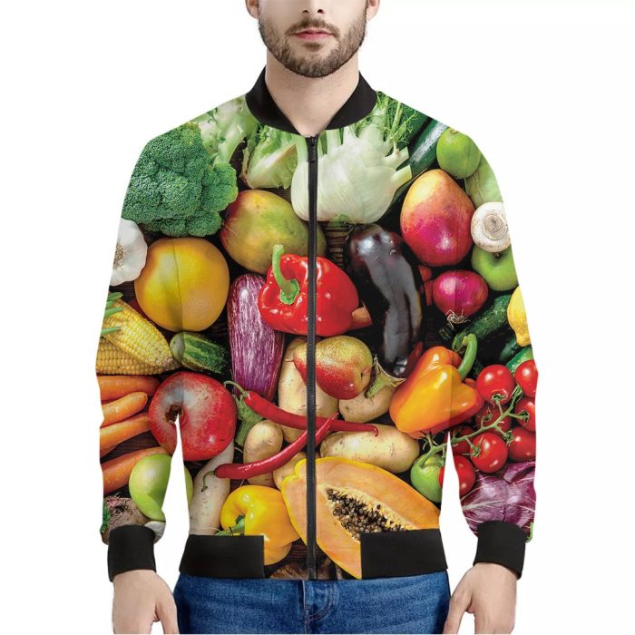 Fresh Fruits And Vegetables Print Bomber Jacket