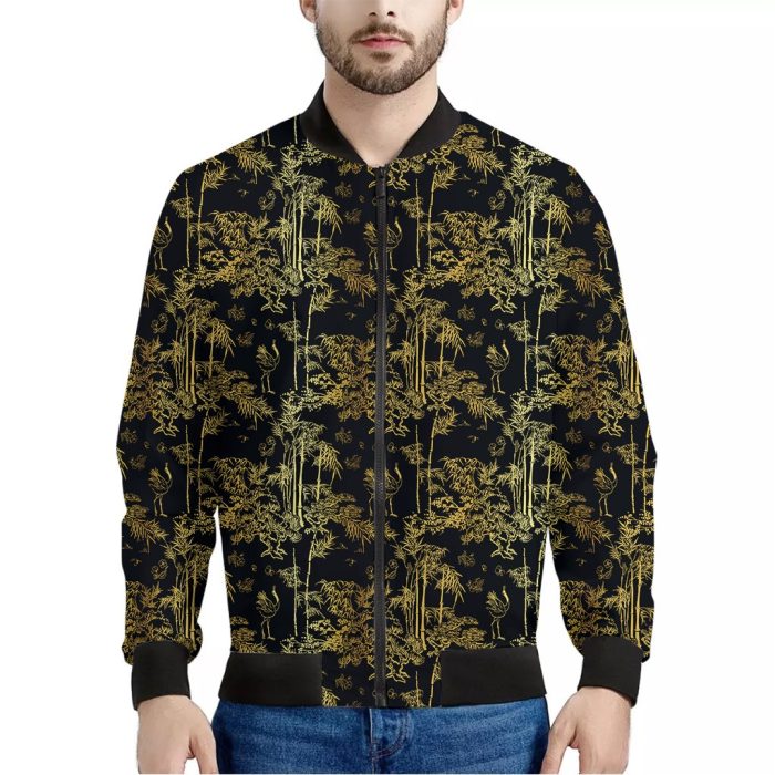 Gold And Black Japanese Bamboo Print Bomber Jacket