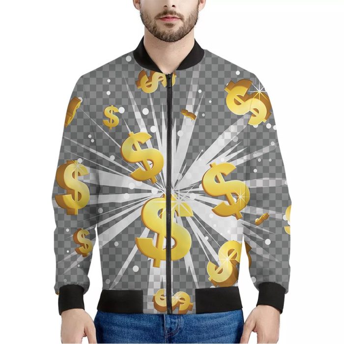 Golden Dollar Sign Explosion Print Bomber Jacket