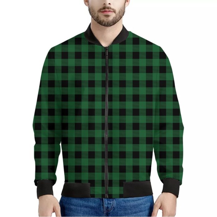 Green And Black Buffalo Check Print Bomber Jacket