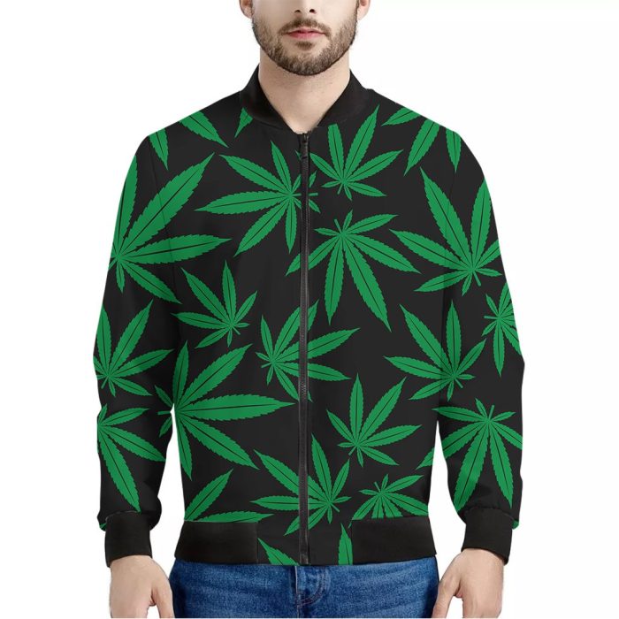 Green And Black Cannabis Leaf Print Bomber Jacket