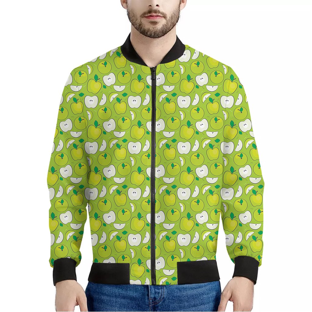 Green-Apple-Fruit-Pattern-Print-Bomber-Jacket Green Apple Fruit Pattern Print Bomber Jacket