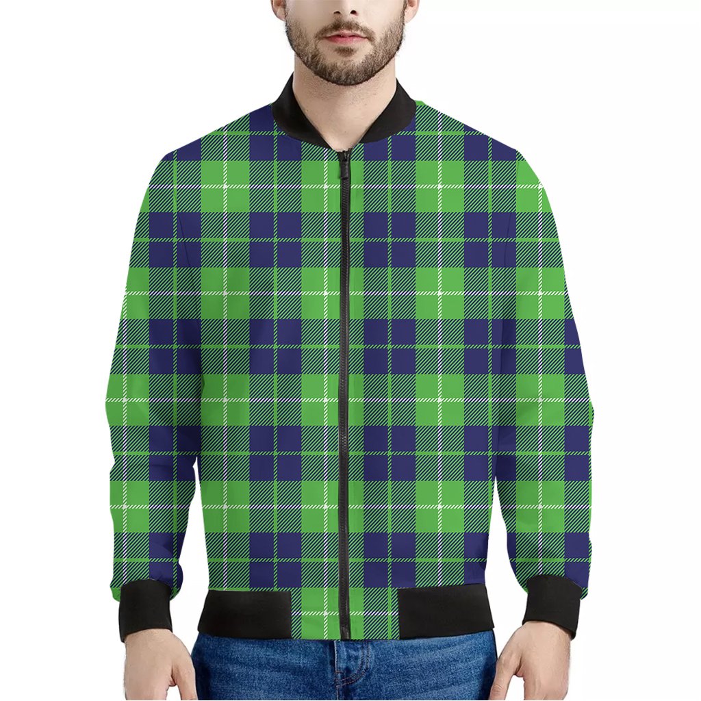 Green-Blue-And-White-Tartan-Print-Bomber-Jacket Green Blue And White Tartan Print Bomber Jacket