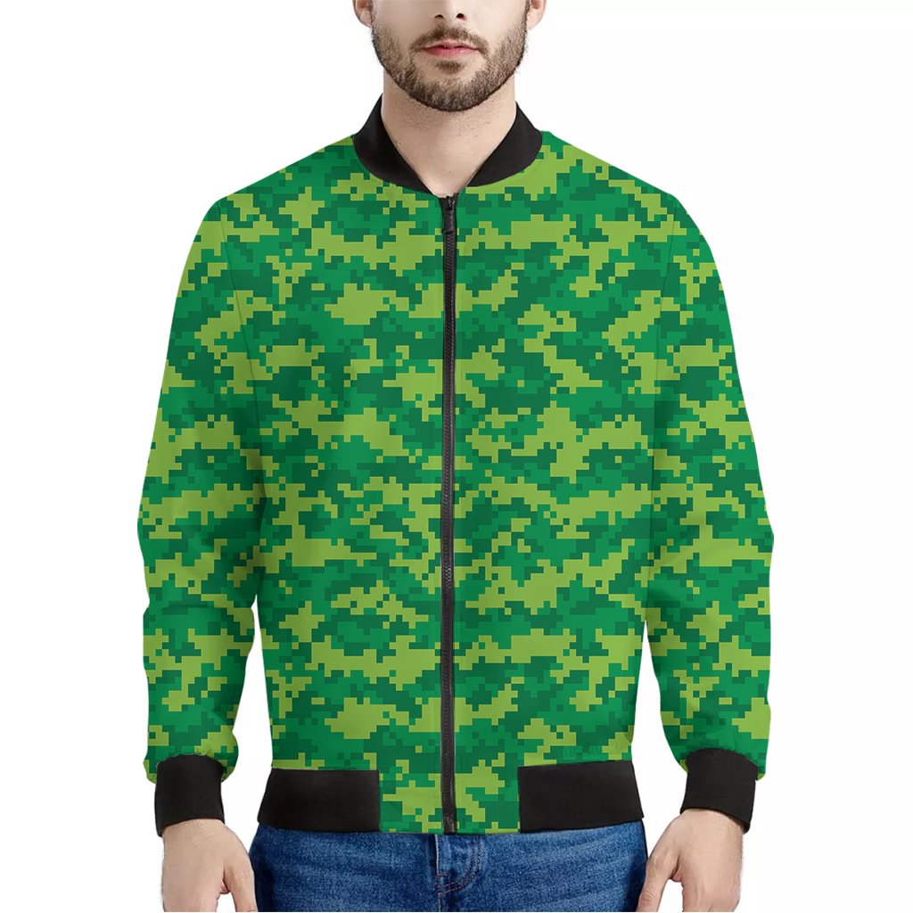 Green-Digital-Camo-Pattern-Print-Bomber-Jacket Green Digital Camo Pattern Print Bomber Jacket
