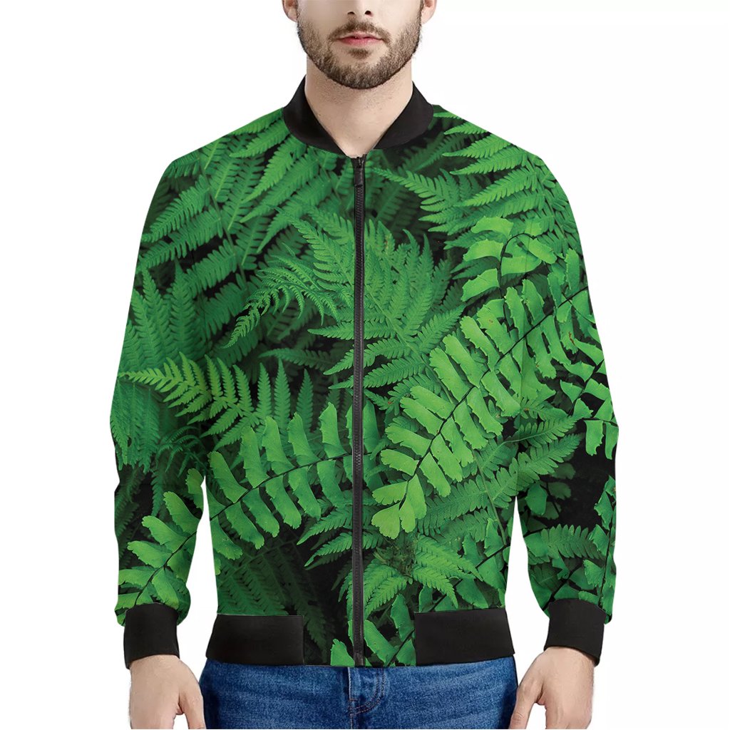 Green-Fern-Leaf-Print-Bomber-Jacket Green Fern Leaf Print Bomber Jacket