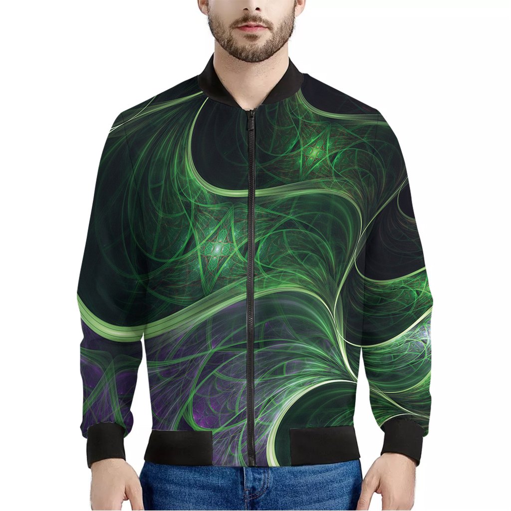 Green-Fractal-Print-Bomber-Jacket Green Fractal Print Bomber Jacket