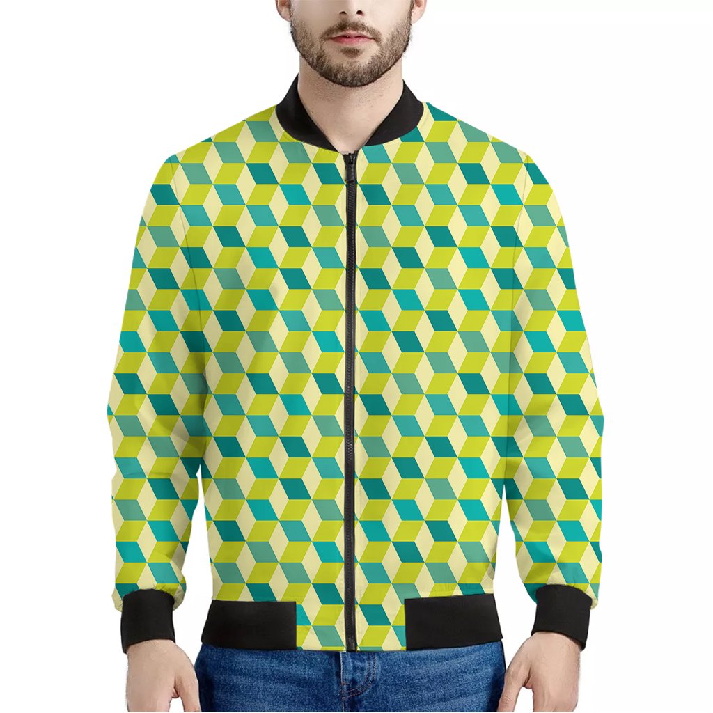 Green-Geometric-Cube-Shape-Pattern-Print-Bomber-Jacket Green Geometric Cube Shape Pattern Print Bomber Jacket