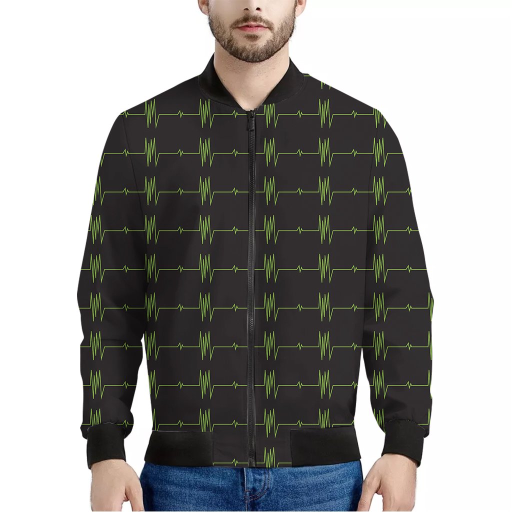 Green-Heartbeat-Pattern-Print-Bomber-Jacket Green Heartbeat Pattern Print Bomber Jacket