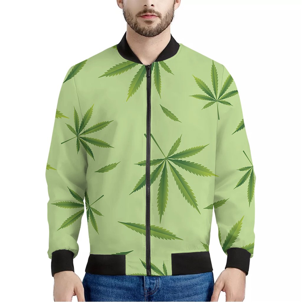 Green-Hemp-Leaves-Pattern-Print-Bomber-Jacket Green Hemp Leaves Pattern Print Bomber Jacket