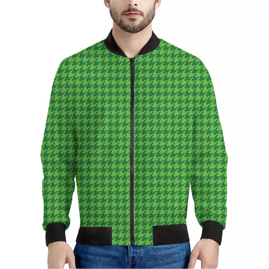 Green-Houndstooth-Pattern-Print-Bomber-Jacket Green Houndstooth Pattern Print Bomber Jacket