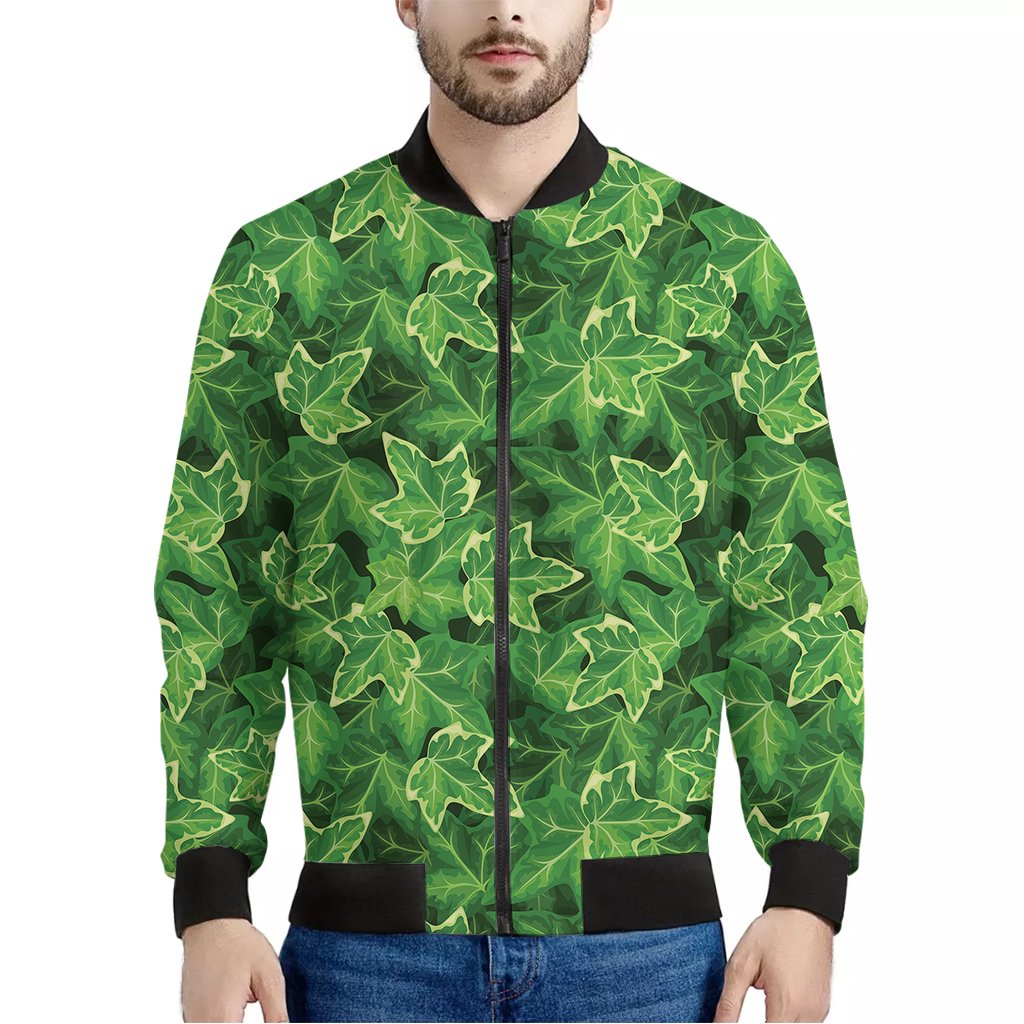 Green-Ivy-Leaf-Pattern-Print-Bomber-Jacket Green Ivy Leaf Pattern Print Bomber Jacket