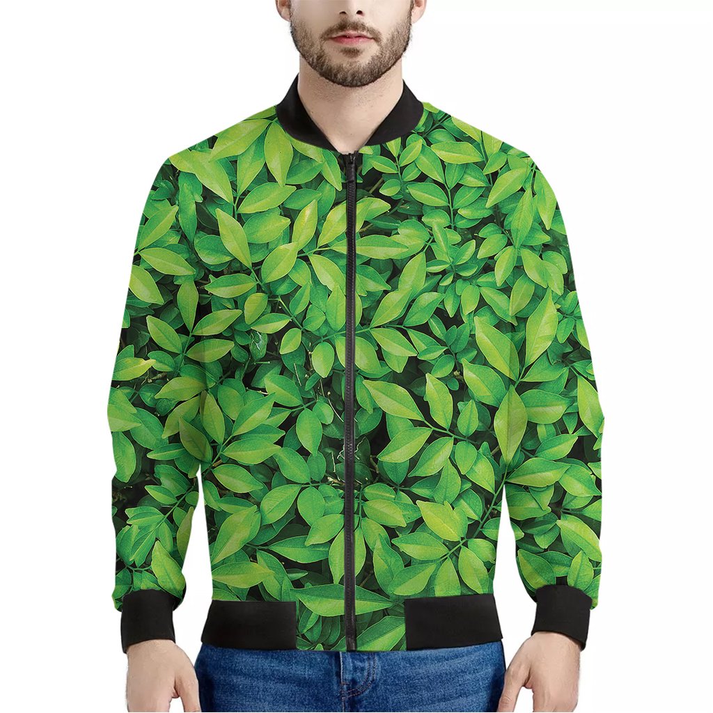 Green-Leaf-Print-Bomber-Jacket Green Leaf Print Bomber Jacket