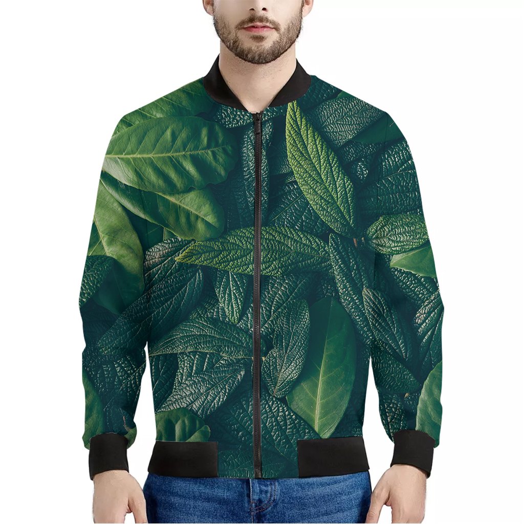 Green-Leaves-Print-Bomber-Jacket Green Leaves Print Bomber Jacket