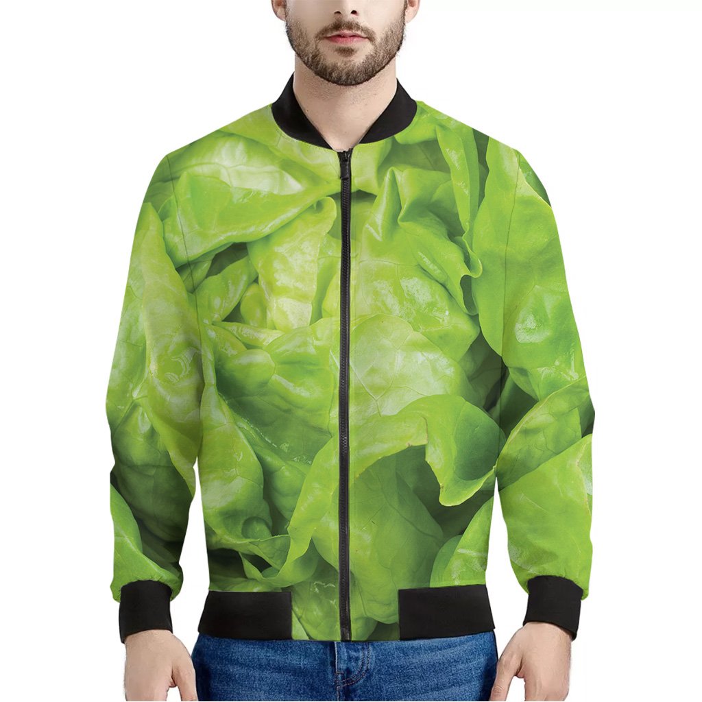 Green-Lettuce-Leaves-Print-Bomber-Jacket Green Lettuce Leaves Print Bomber Jacket