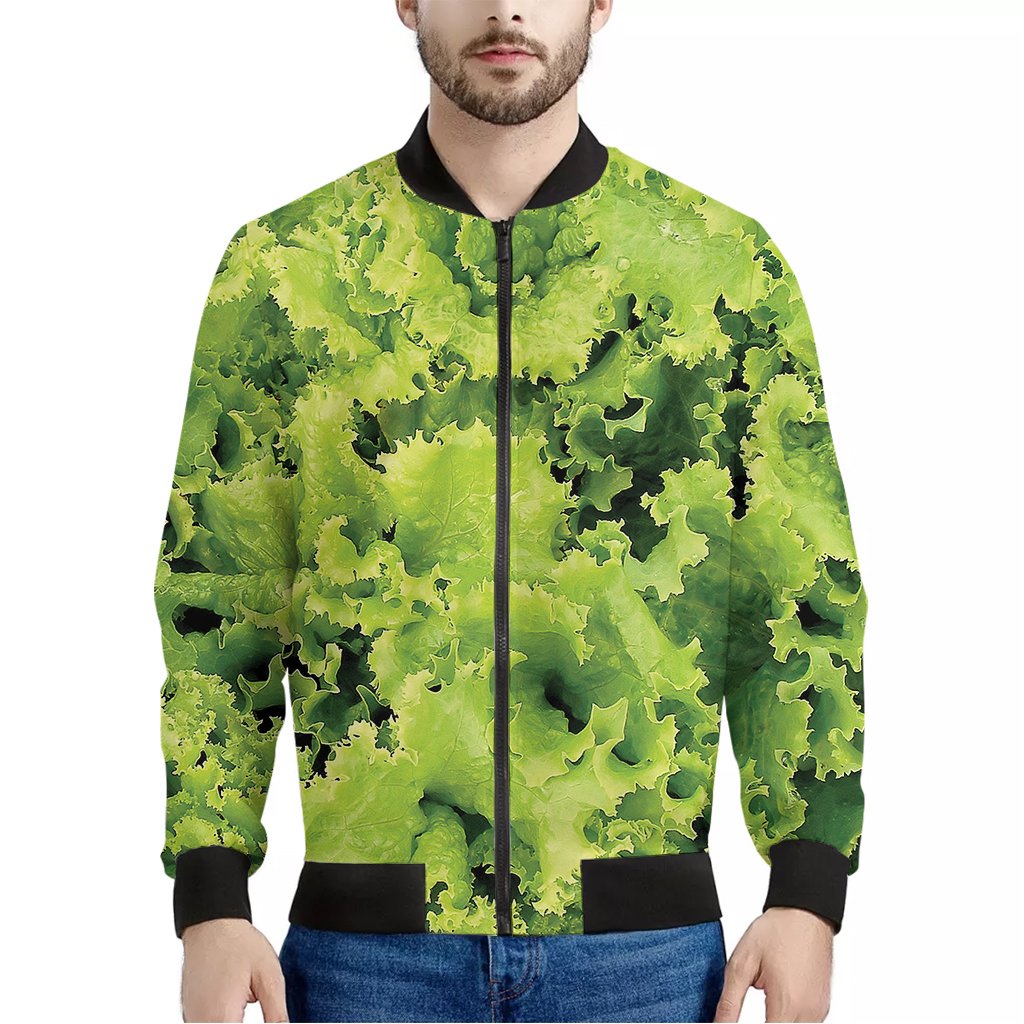 Green-Lettuce-Salad-Print-Bomber-Jacket Green Lettuce Salad Print Bomber Jacket