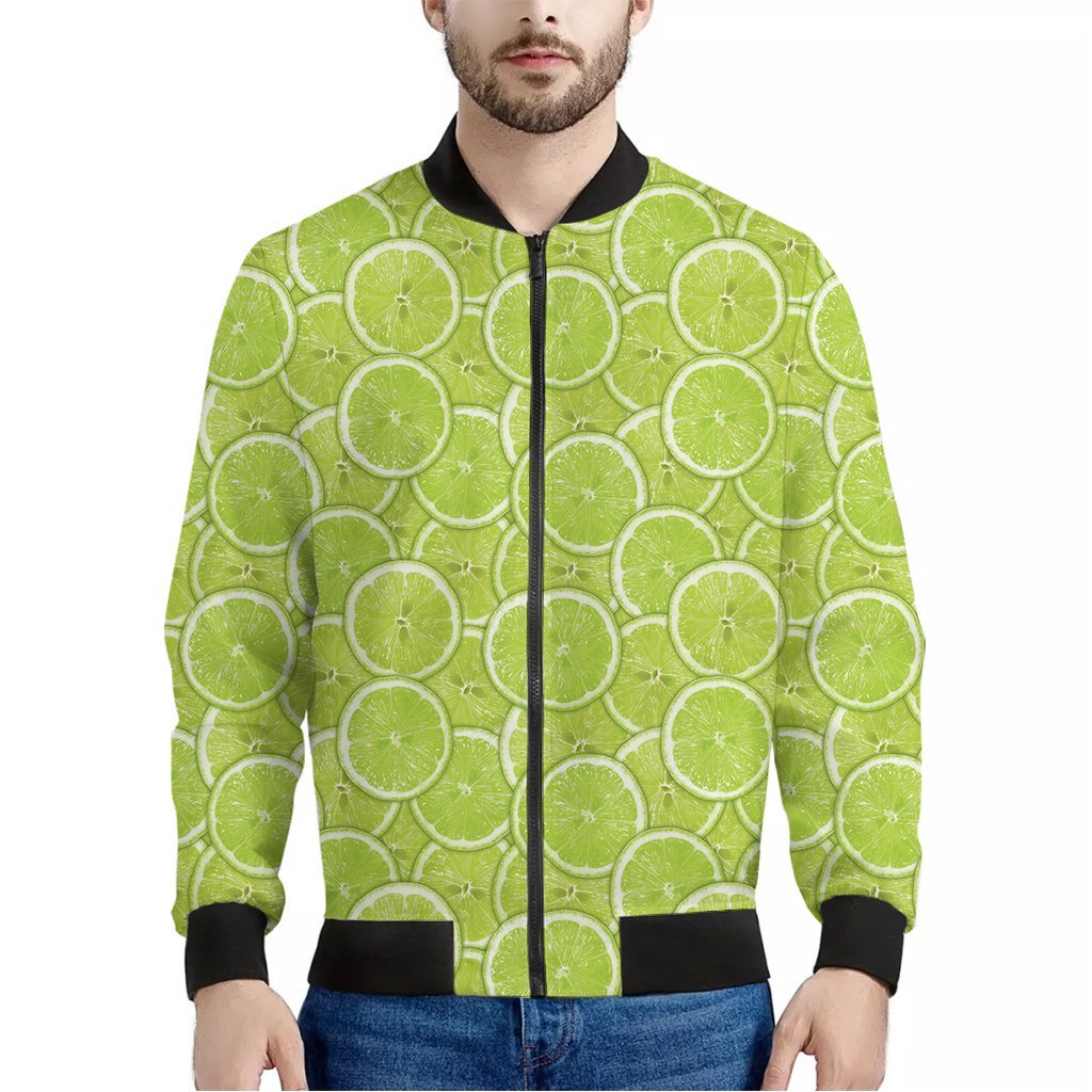 Green-Lime-Slices-Pattern-Print-Bomber-Jacket Green Lime Slices Pattern Print Bomber Jacket