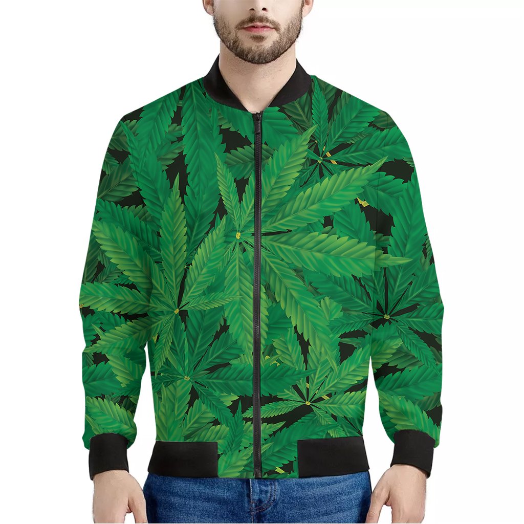 Green-Marijuana-Leaf-Print-Bomber-Jacket Green Marijuana Leaf Print Bomber Jacket