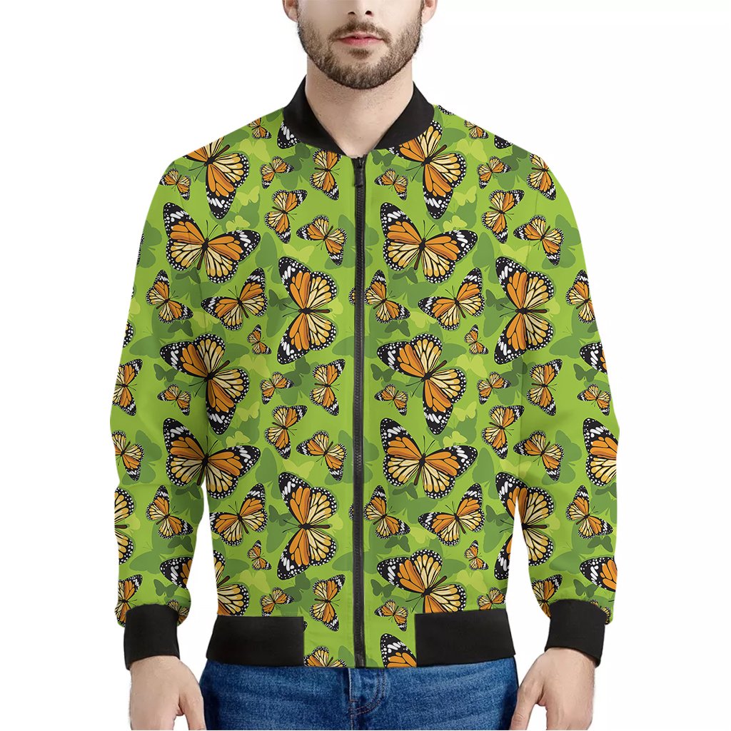 Green-Monarch-Butterfly-Pattern-Print-Bomber-Jacket Green Monarch Butterfly Pattern Print Bomber Jacket