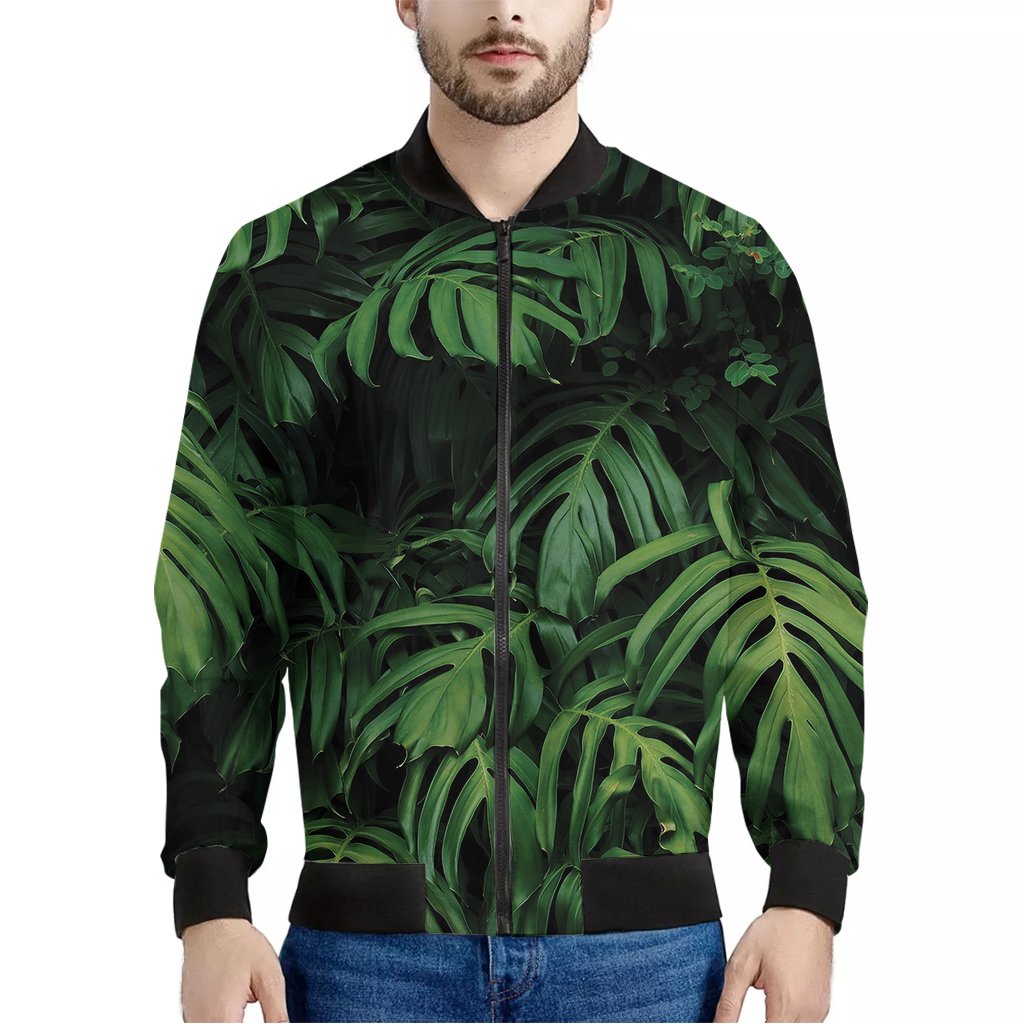 Green-Monstera-Leaf-Print-Bomber-Jacket Green Monstera Leaf Print Bomber Jacket