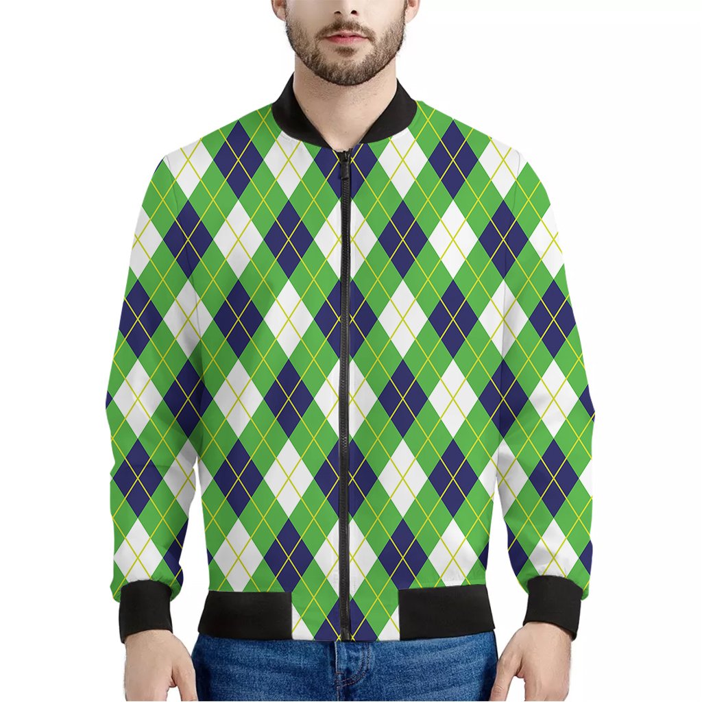 Green-Navy-And-White-Argyle-Print-Bomber-Jacket Green Navy And White Argyle Print Bomber Jacket