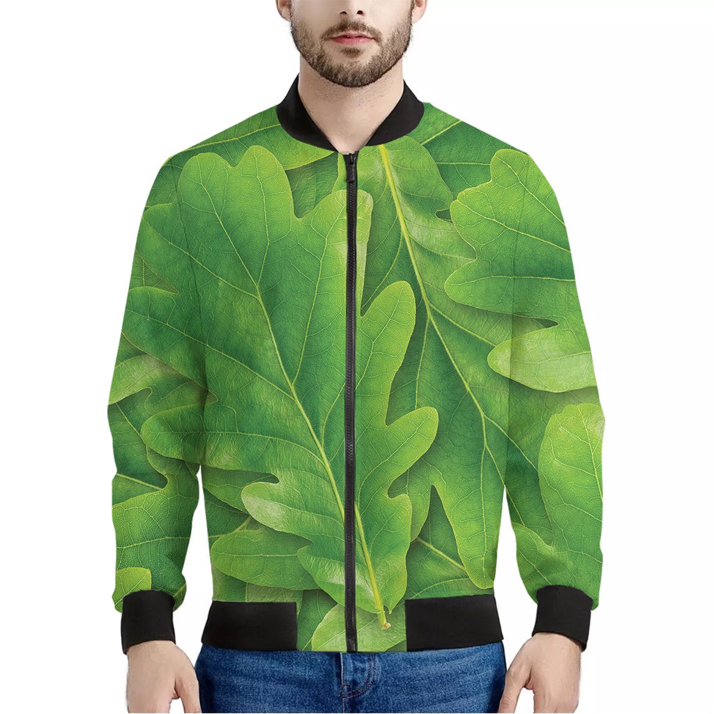 Green-Oak-Leaf-Print-Bomber-Jacket Green Oak Leaf Print Bomber Jacket