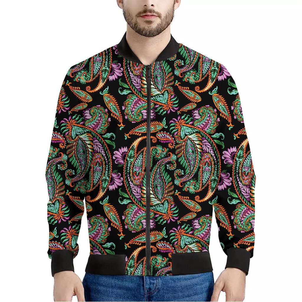 Green-Orange-And-Pink-Paisley-Print-Bomber-Jacket Green Orange And Pink Paisley Print Bomber Jacket