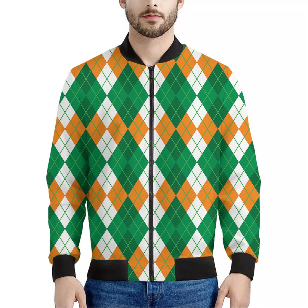 Green-Orange-And-White-Argyle-Print-Bomber-Jacket Green Orange And White Argyle Print Bomber Jacket