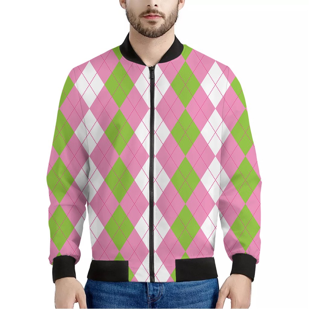 Green-Pink-And-White-Argyle-Print-Bomber-Jacket Green Pink And White Argyle Print Bomber Jacket
