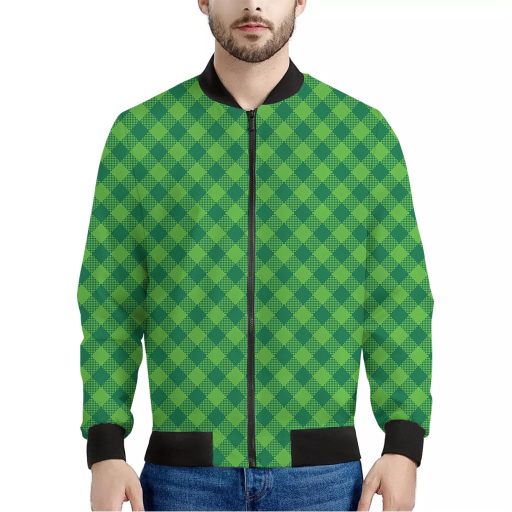 Green-Plaid-Saint-Patricks-Day-Print-Bomber-Jacket Green Plaid Saint Patrick's Day Print Bomber Jacket