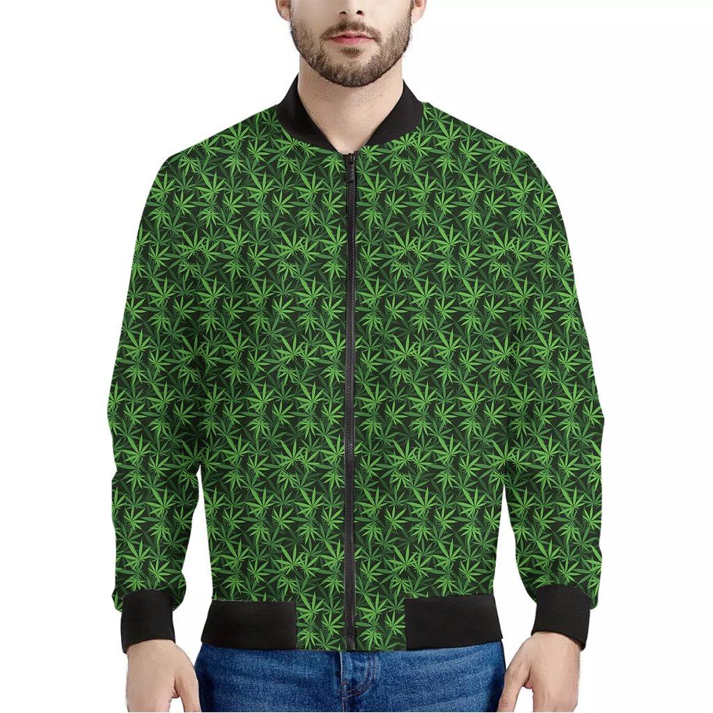 Green-Pot-Leaf-Pattern-Print-Bomber-Jacket Green Pot Leaf Pattern Print Bomber Jacket