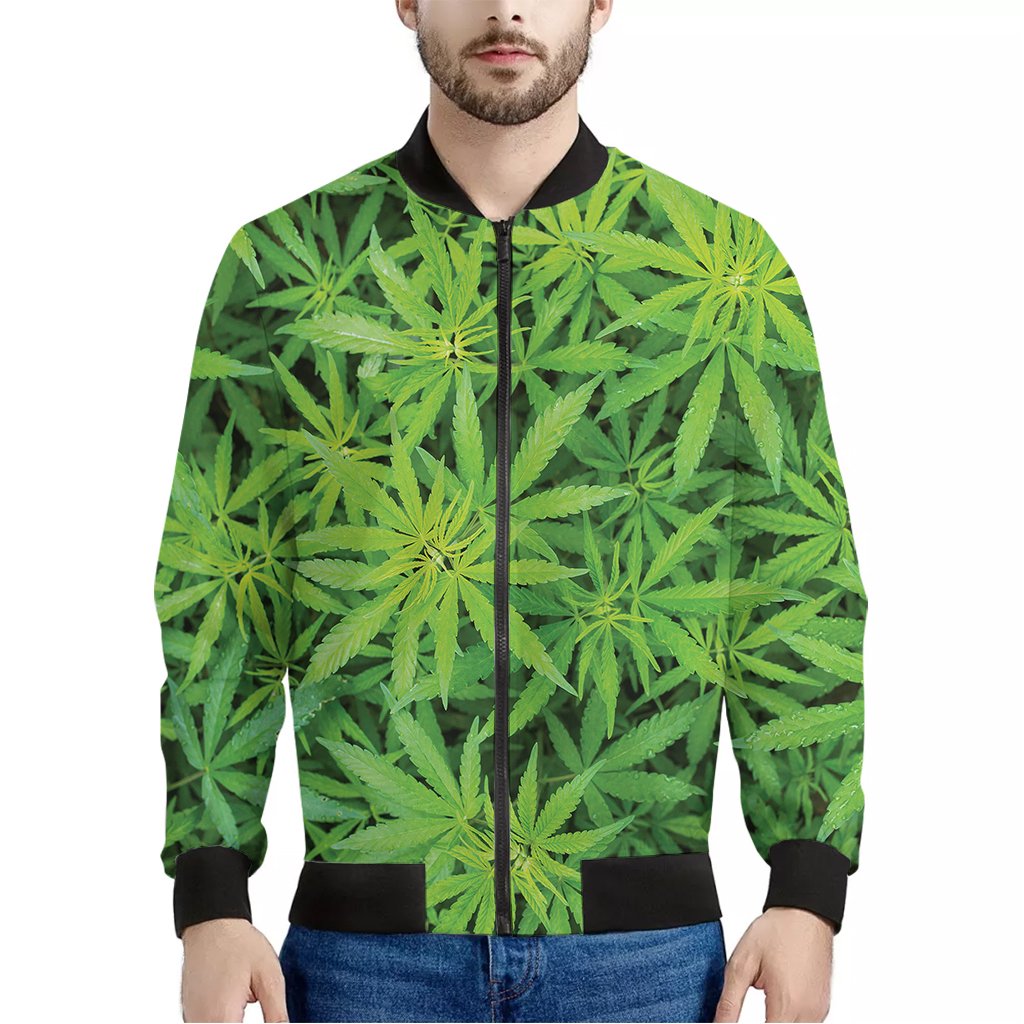 Green-Pot-Leaf-Print-Bomber-Jacket Green Pot Leaf Print Bomber Jacket