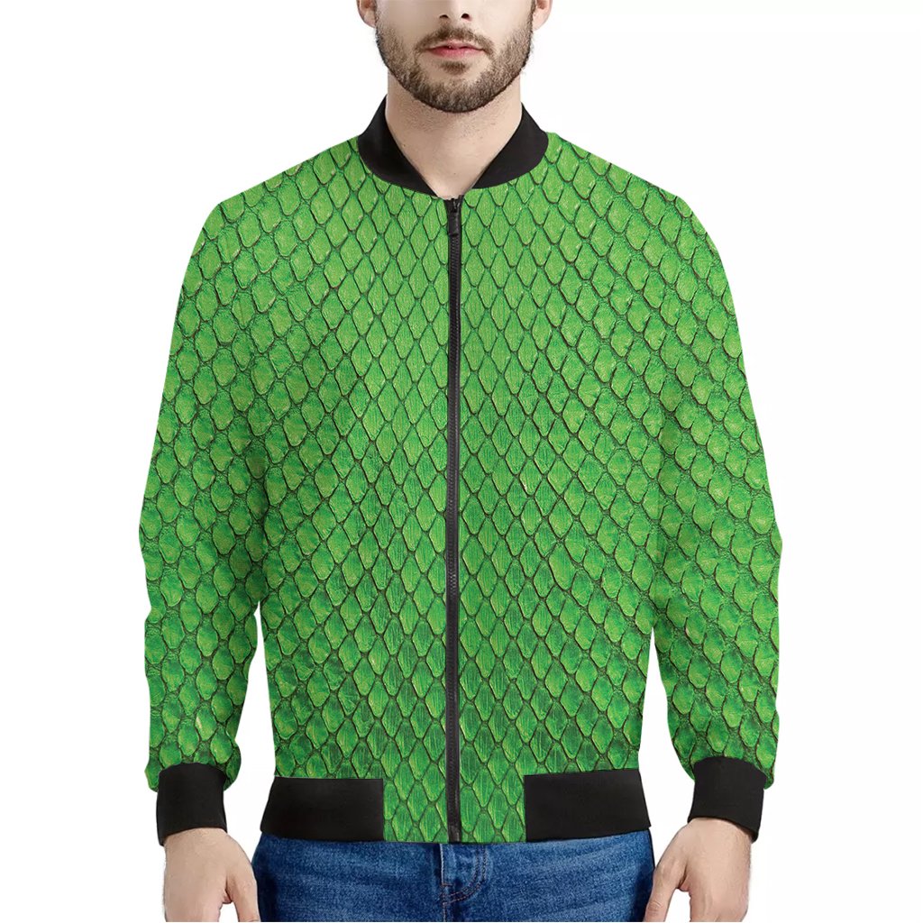 Green-Python-Snakeskin-Print-Bomber-Jacket Green Python Snakeskin Print Bomber Jacket