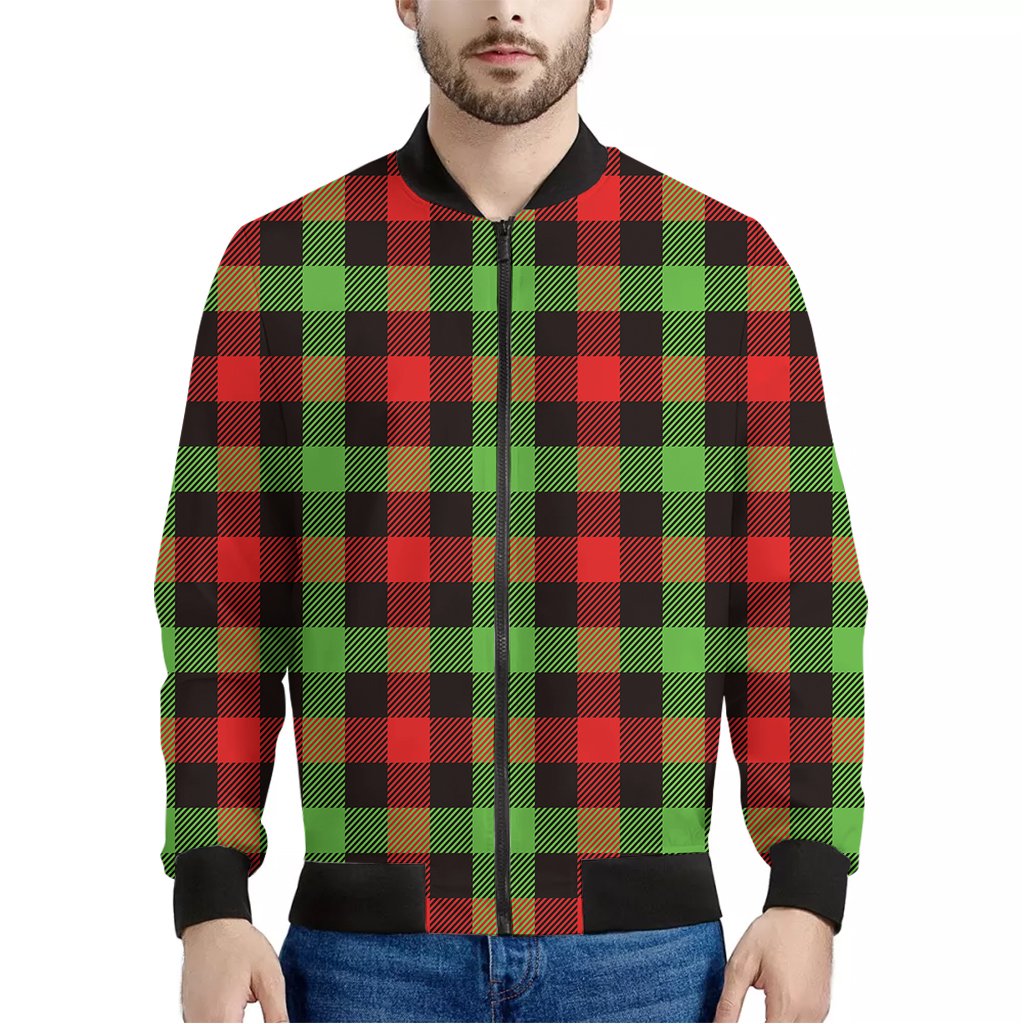 Green-Red-And-Black-Buffalo-Plaid-Print-Bomber-Jacket Green Red And Black Buffalo Plaid Print Bomber Jacket