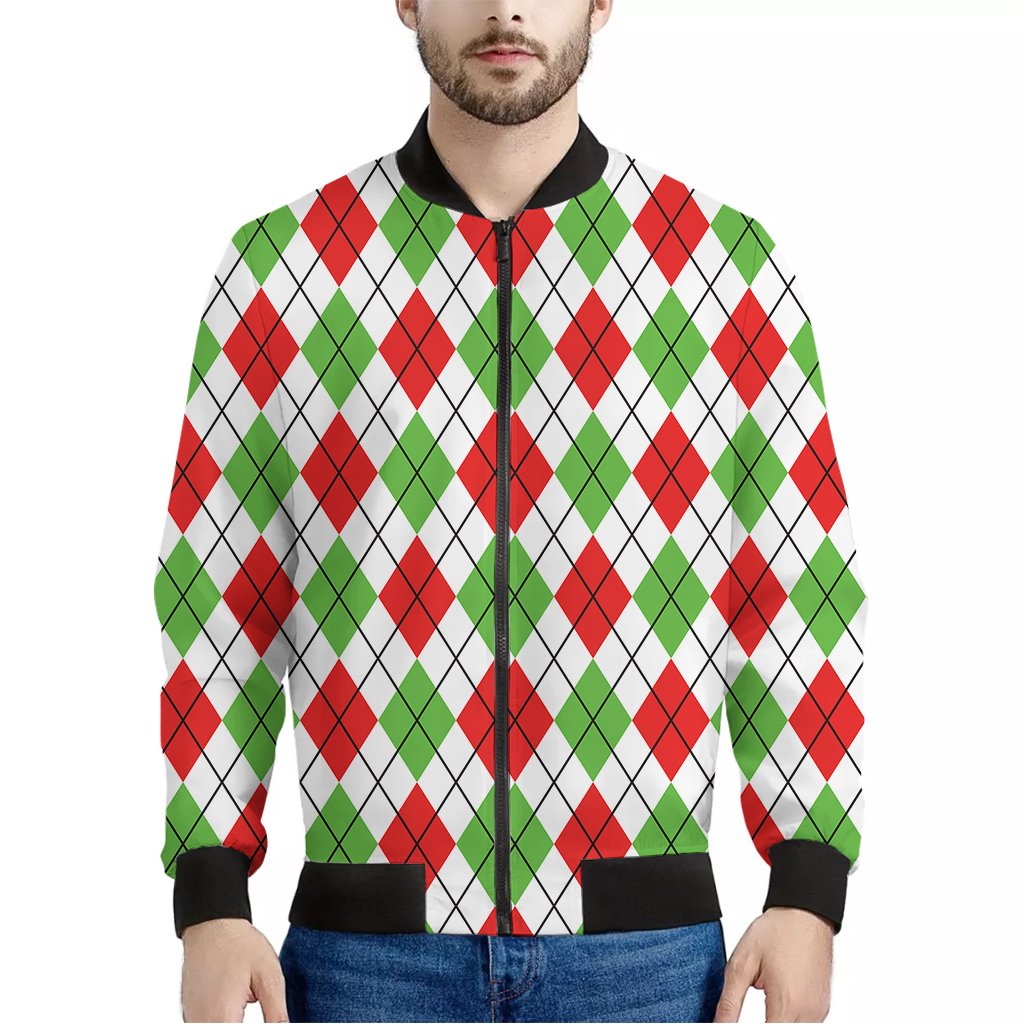 Green-Red-And-White-Argyle-Pattern-Print-Bomber-Jacket Green Red And White Argyle Pattern Print Bomber Jacket