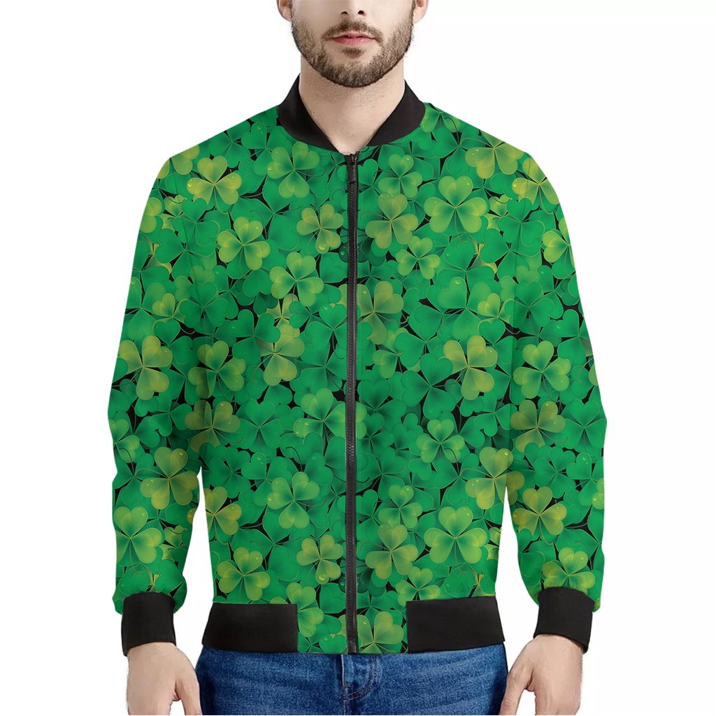 Green-Shamrock-Leaf-Pattern-Print-Bomber-Jacket Green Shamrock Leaf Pattern Print Bomber Jacket