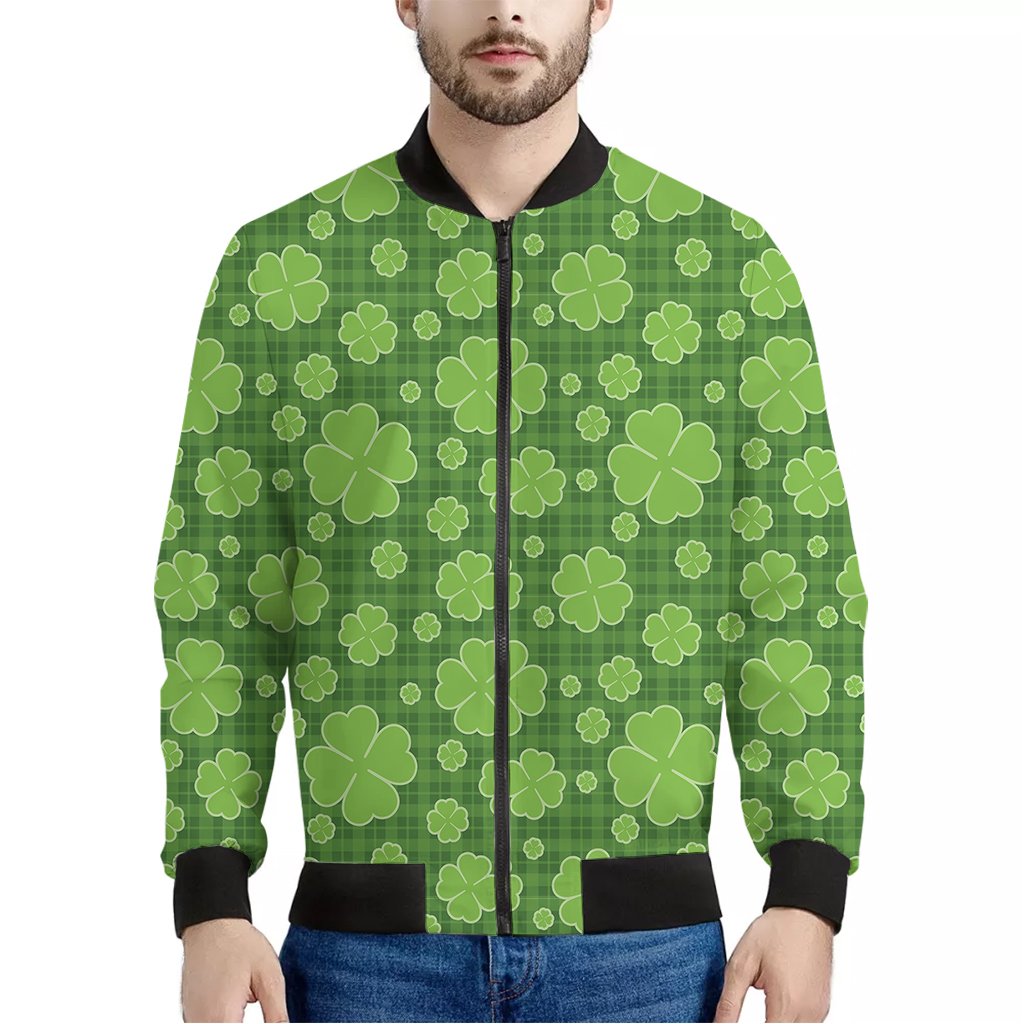 Green-Shamrock-Plaid-Pattern-Print-Bomber-Jacket Green Shamrock Plaid Pattern Print Bomber Jacket