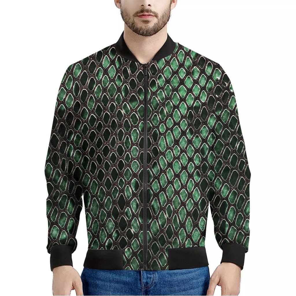 Green-Snakeskin-Print-Bomber-Jacket Green Snakeskin Print Bomber Jacket