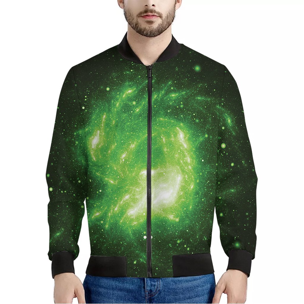 Green-Sparkle-Galaxy-Print-Bomber-Jacket Green Sparkle Galaxy Print Bomber Jacket