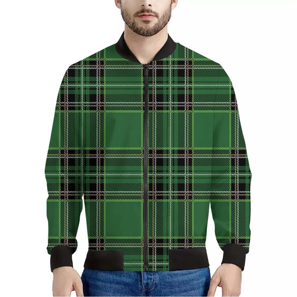 Green-Stewart-Tartan-Pattern-Print-Bomber-Jacket Green Stewart Tartan Pattern Print Bomber Jacket