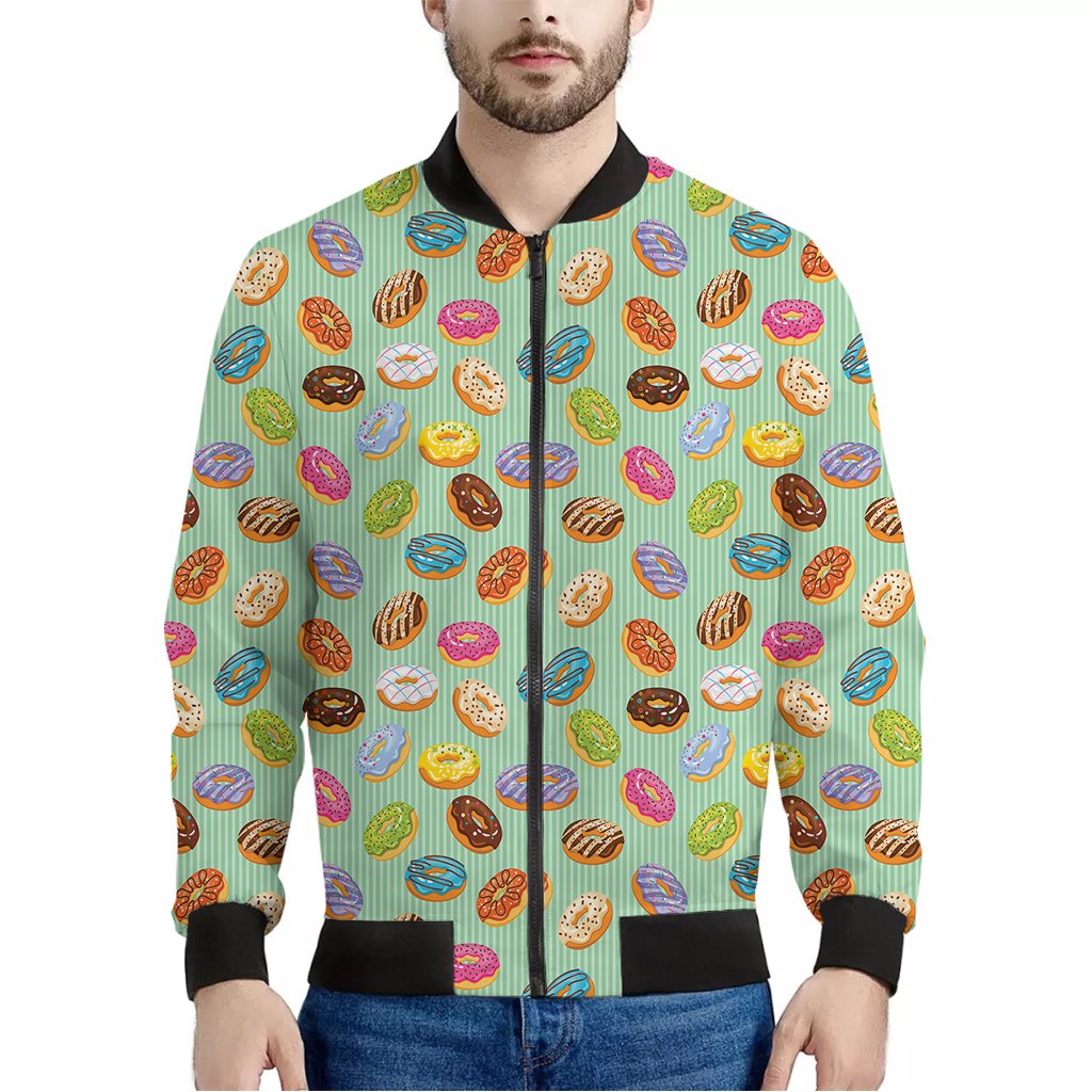 Green-Striped-Donut-Pattern-Print-Bomber-Jacket Green Striped Donut Pattern Print Bomber Jacket