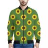 Green Sunflower Pattern Print Bomber Jacket